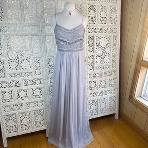 Adrianna Papell Gray Sequin Beaded Fairy Formal Flowy Chiffon Long Gown Sz Small